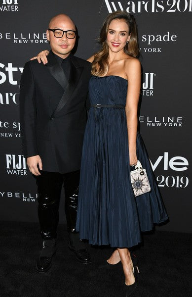 Navy Jessica Alba Strapless Empire Waist Dress Pleated Prom Celebrity Evening Formal Dress InStyle Awards