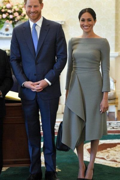 Grey Meghan Markle Long Sleeves Asymmetrical Prom Celebrity Dress Style Cocktail Outfit Visit to Ireland