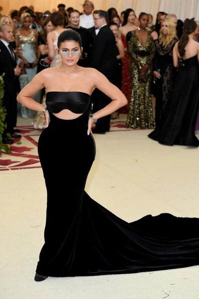 Black Kylie Jenner Velvet Strapless Cut Outs Dress Long Prom Celebrity Red Carpet Dress Met Gala