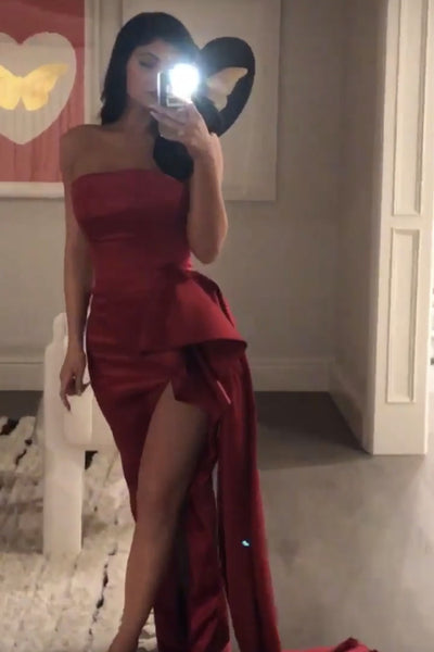 Red kylie Jenner Satin Asymmetrical Dress Slit Prom Celebrity Evening Formal Dress Pre-Grammys Gala