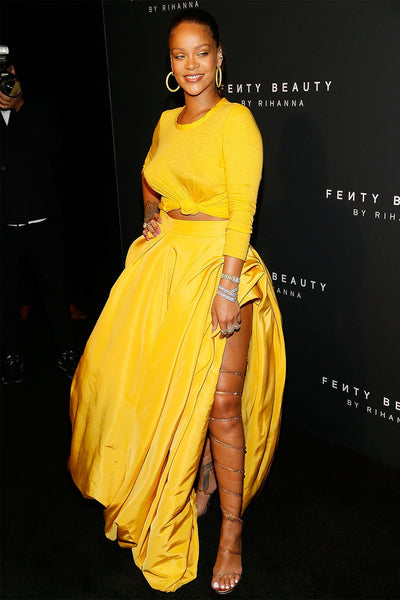 Yellow Rihanna Two piece Dress Long sleeves prom Celebrity Red Carpet Evening Dress Fenty Beauty Launch