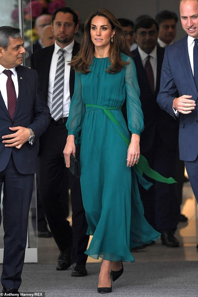 Teal Green Princess Kate Middleton Long Sleeves Dress Round Neck Prom Celebrity Dress Aga Khan Centre