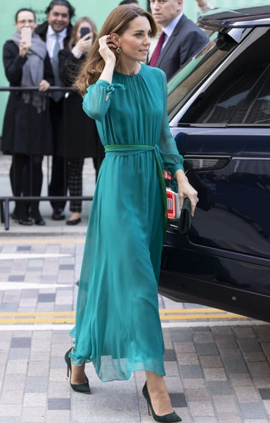 Teal Green Princess Kate Middleton Long Sleeves Dress Round Neck Prom Celebrity Dress Aga Khan Centre