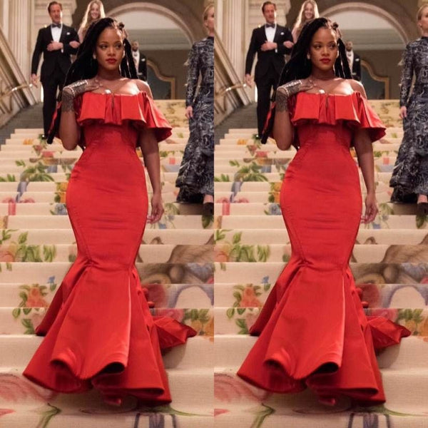 Red Rihanna Off the shoulder Mermaid Dress Satin Prom Ocean's 8 Dress Celebrity Gown For Sale