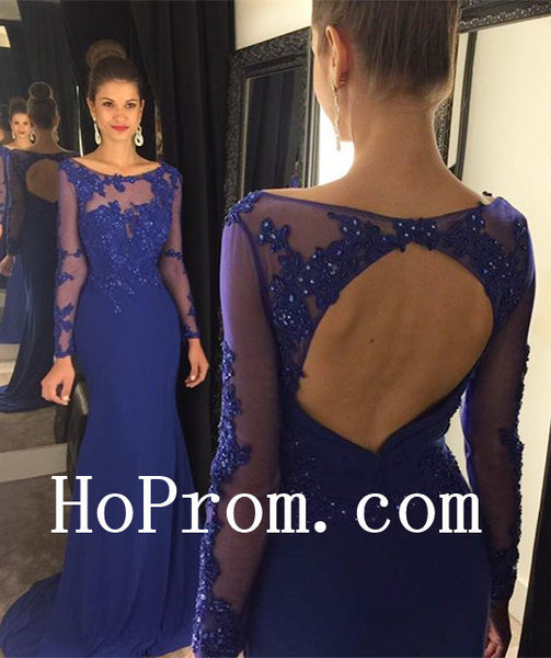 Blue Applique Prom Dresses,Long Prom Dress,Backeless Evening Dress