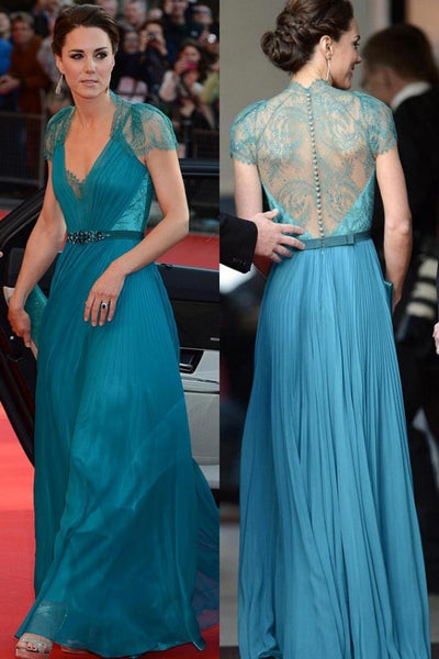 Teal Blue Princess Kate Middleton V Neck Dress Lace Sleeves Prom Red Carpet Dress British Olympic Gala