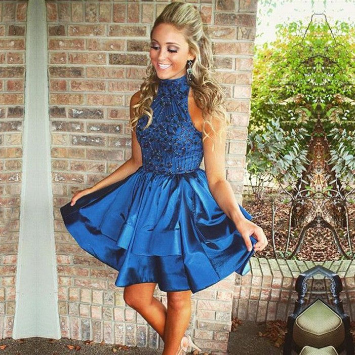 Blue Halter Sequin Stain Short Homecoming Dresses with Beading Ruffles ...