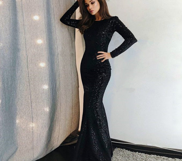 Black Sequin Mermaid Long Sleeve Mermaid Evening Prom Dress Long Prom Dresses