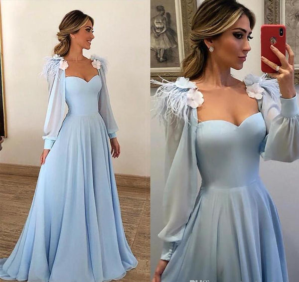 Long Sleeves Elegant Sky Blue Prom Dresses Feathers Flowers Evening Dresses Online