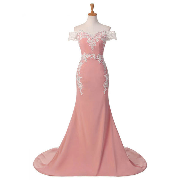 Elegant Mermaid Long Prom Dresses Pink Lace Appliques Off the Shoulder Evening Dresses