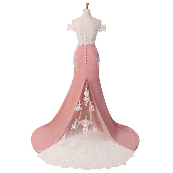 Elegant Mermaid Long Prom Dresses Pink Lace Appliques Off the Shoulder Evening Dresses