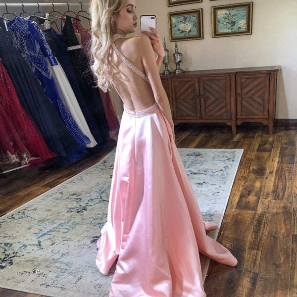 Blush Halter Long Prom Dresses Pink Beaded Halter Neck Satin Formal Evening Dress