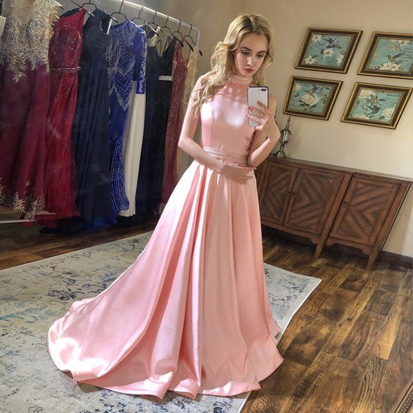 Blush Halter Long Prom Dresses Pink Beaded Halter Neck Satin Formal Evening Dress