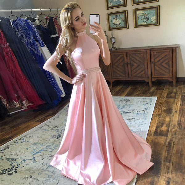 Blush Halter Long Prom Dresses Pink Beaded Halter Neck Satin Formal Evening Dress