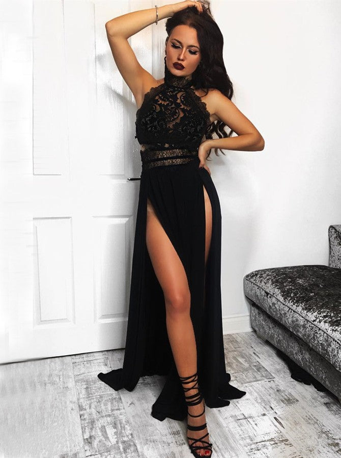 A-Line Halter Floor Length Black Open Back Lace Prom Dress with Split PG742