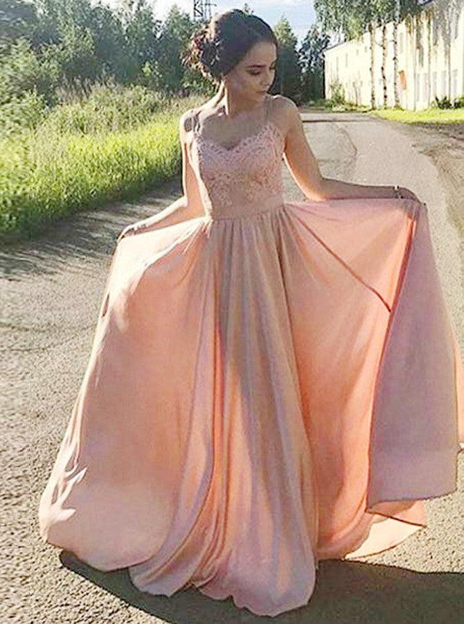 Spaghetti Straps Peach Pink Long Prom Dresses With Appliques