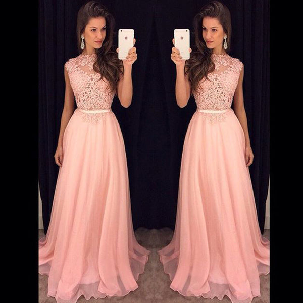 Pink Applique Prom Dresses,Sleeveless Prom Dress,Evening Dress