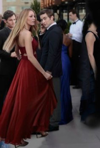 Burgundy Blake Lively Spaghetti Straps Prom Celebrity Evening Dress Serena van Der Woodsen Gossip Girl