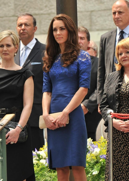 Blue Princess Kate Middleton Half Sleeves Dress Lace Prom Cocktail Celebrity Dress Freedom of the City Ceremony