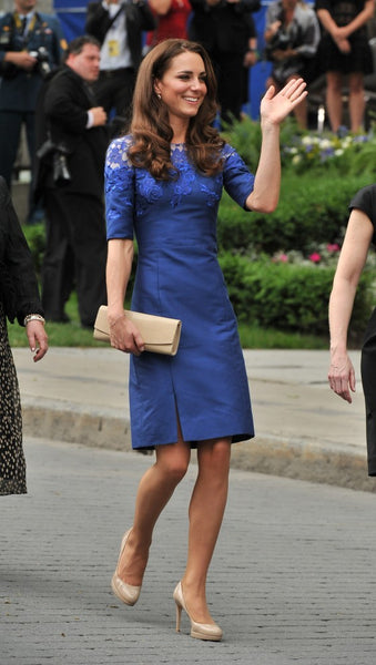 Blue Princess Kate Middleton Half Sleeves Dress Lace Prom Cocktail Celebrity Dress Freedom of the City Ceremony