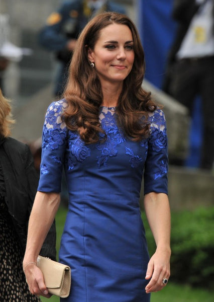 Blue Princess Kate Middleton Half Sleeves Dress Lace Prom Cocktail Celebrity Dress Freedom of the City Ceremony