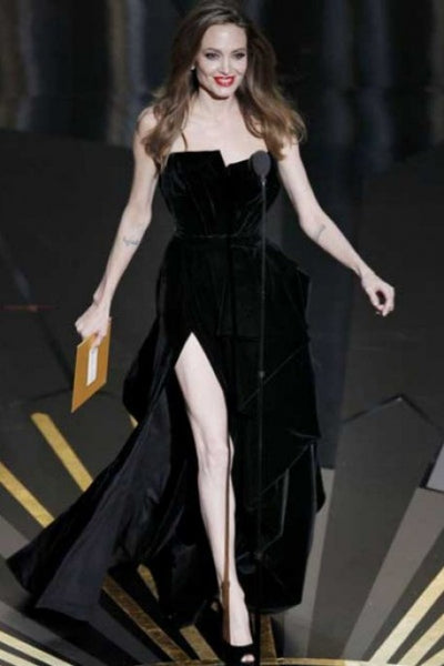 Black Angelina Jolie Leg Dress Velvet Prom Celebrity Dress Red Carpet Gown Oscar Awards