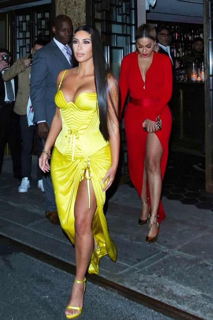 Yellow Kim Kardashian (Kim K) Corset Slit Satin Dress Straps Prom