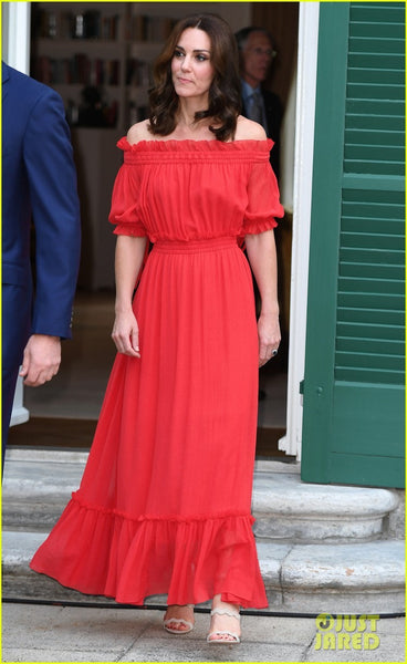 Red Princess Kate Middleton Chiffon Off the Shoulder Dress Half Sleeves Prom Celebrity Dress The Queen's Berlin Birthday