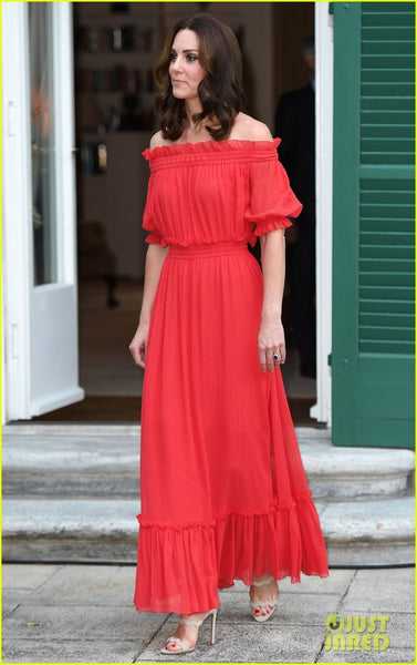 Red Princess Kate Middleton Chiffon Off the Shoulder Dress Half Sleeves Prom Celebrity Dress The Queen's Berlin Birthday