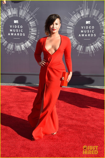 Red Demi Lovato Long Sleeve V Neck Dress Thigh-high Slit Prom Red Carpet Formal Dress MTV Video Music Awards