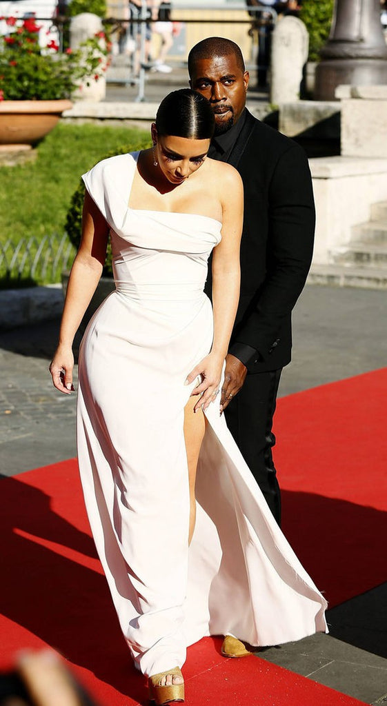 White Kim Kardashian Slit One Shoulder Dress Empire Waist Prom Best Re –  Hoprom