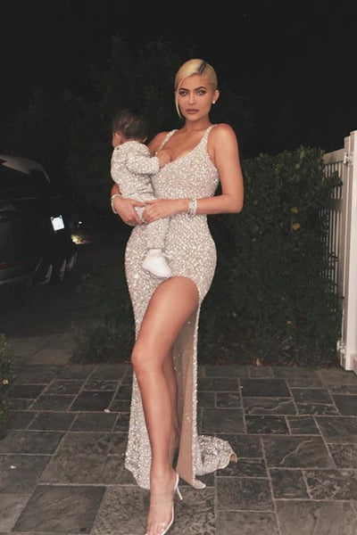 Champagne Kylie Jenner Glitter Sparkly Sequin Dress Slit Prom Celebrity Evening Dress Christmas Eve Party