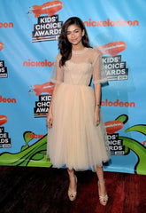 Ivory Zendaya Coleman Half Sleeve Round Neck Dress Sheer Prom