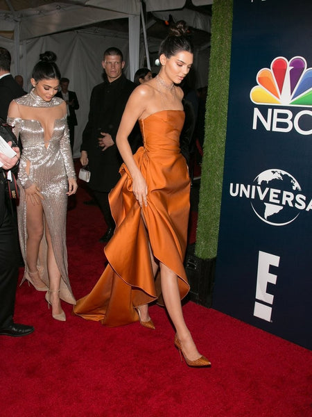 Orange Kendall Jenner Satin Strapless Dress Asymmetrical Prom Red Carpet Celebrity Dress Golden Globes After Parties