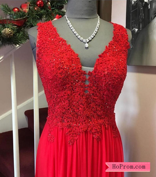 Red Deep V Neck Lace Chiffon Prom Dress