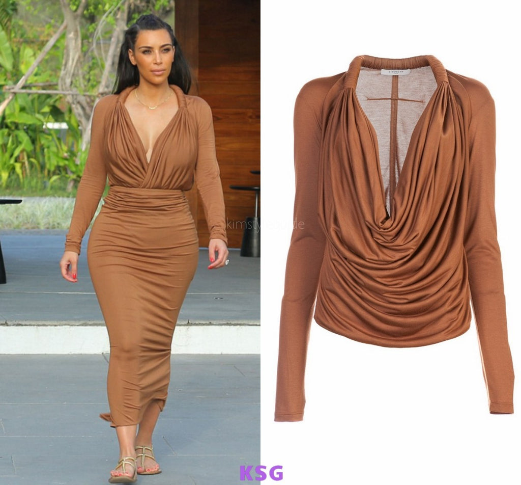 Brown Kim Kardashian (Kim K) Long Sleeve V Neck Wrap Dress Sheath Prom –  Hoprom