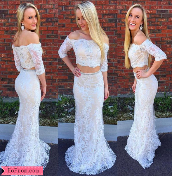 Lace Black Two Piece Prom Dresses with 3/4 Length Sleeves