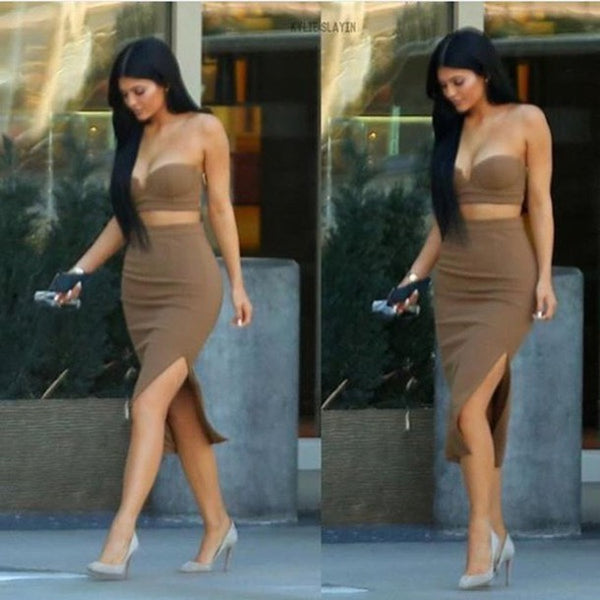 Brown Kylie Jenner Bodycon Two Piece Dress Slit Prom Celebrity Formal Evening Dress For Sale