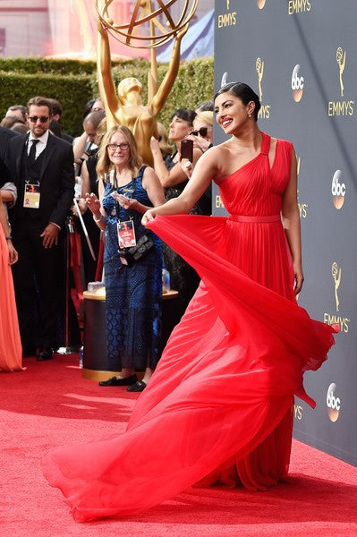 Red Priyanka Chopra One Shoulder Pleated Gown Dress Cut Out Prom Red Carpet Formal Dress 68th Annual Primetime Emmy Awards