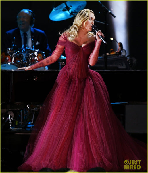 Burgundy Miley Cyrus Off The Shoulder Ruched Dress Tulle Prom Celebrity Evening Dress Grammys Ball Gown Online