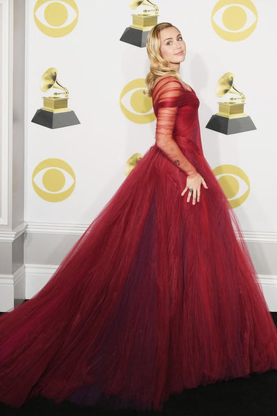 Burgundy Miley Cyrus Off The Shoulder Ruched Dress Tulle Prom Celebrity Evening Dress Grammys Ball Gown Online