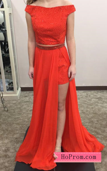 Copy of Off Shoulder Cap Sleeves Red Two Piece Prom Dress Shorts Long Overlay High Side Slit