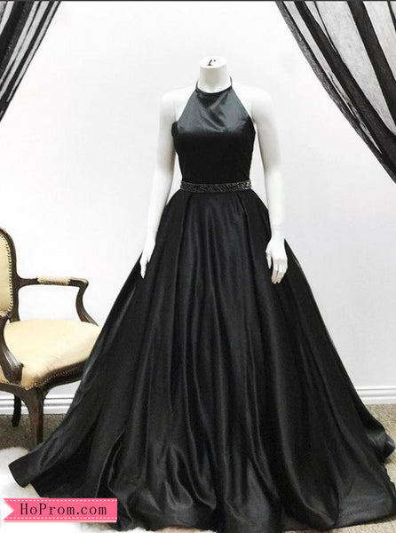 Halter Neckline Open Back Black Prom Dresses Evening Dress Beaded Waist Band with Pockets