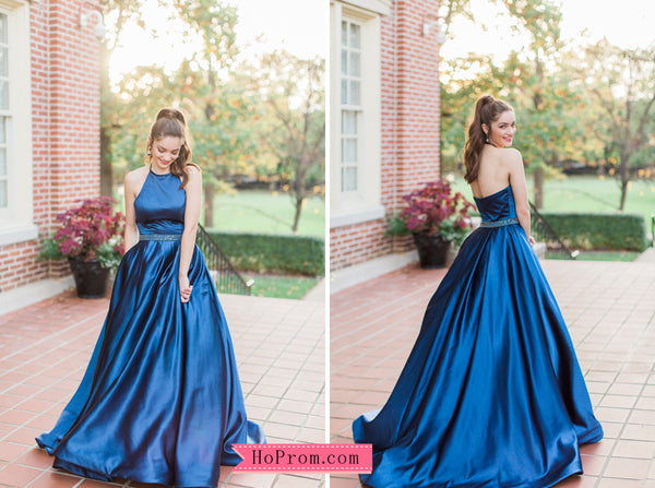 Halter Neckline Open Back Blue Prom Dresses Beaded Waist Band with Pockets