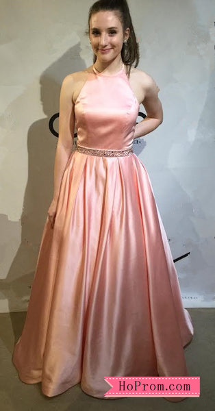 Halter Neckline Open Back Pink Prom Dress Gown Beaded Waist Band with Pockets