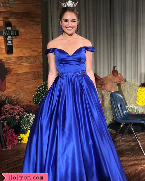 Sweetheart Neckline Off Shoulder Royal Blue Prom Dresses Pageant Dresses Cap Sleeves with Beaded Waist Band