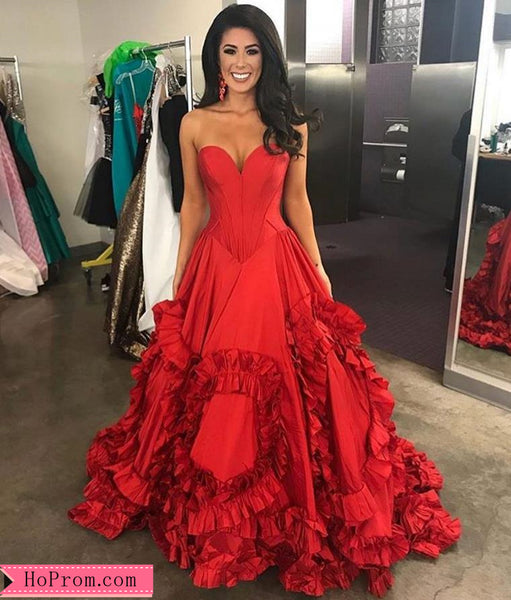 Hot Red Swirling Ruffled Ball Gown Prom Dress