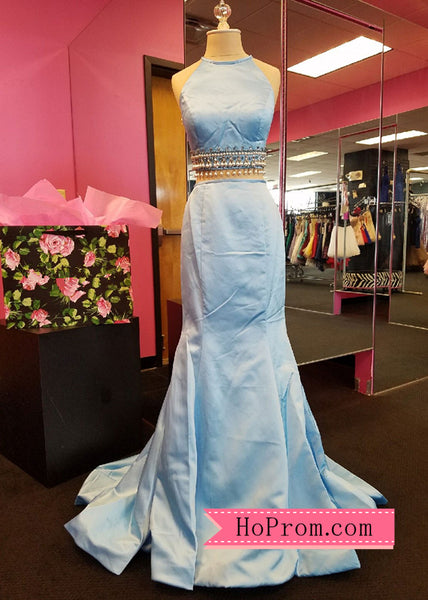 Mermaid Halter Two Piece Light Blue Prom Dress Pageant Gown Evening Dress Pearls Beads