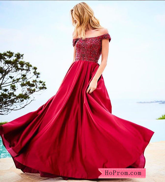 Off Shoulder Satin Long Ballgown Beaded Red Prom Dress