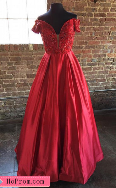 Off The Shoulder Beaded Red Prom Dress Plunging Neckline Evening Ball Gown